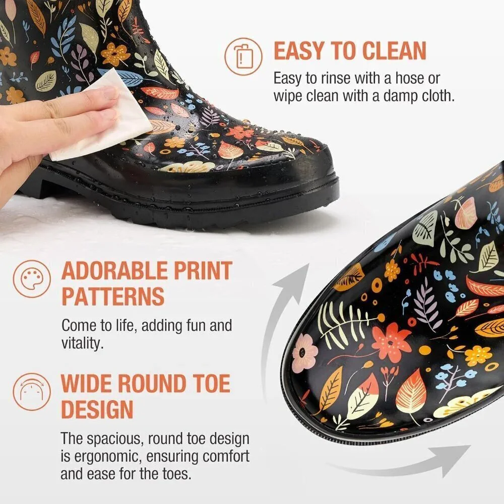 Women's Fashionable Waterproof Garden Mud Rubber Rain Flower Leaves Black Boots - Picture 5 of 8